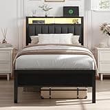 Honorego Twin Bed Frames with Upholstered Headboard, LED Lights & Charging Station, Metal Platform Black Bedframe with Storage Shelf, Under Bed Storage, No Box Spring Needed, Easy Assembly