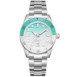 WISHDOIT Men's Automatic Dive Watch, 150M Water Resistant, Ice Blue Gradient Wave Dial, Stainless Steel Bracelet, Rotating Bezel, Luminous Hands, Date Window, 39mm Case (Green)