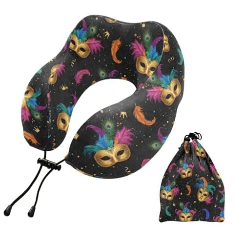 Burbuja Mardi Gras Mask Neck Pillow for Traveling, Memory Foam Travel Pillow for Sleeping Airplane Car Head Support, Machine Washable & Portable