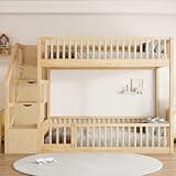 Merax Full-Over-Full Floor Bunk Bed with Storage Ladder, Natural