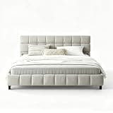 Fefunivita Beige Chenille Upholstered Bed Frame Soft Headboard Queen Size