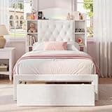 Twin Bed Frame with Storage Headboard and Drawer, Velvet Upholstered Bed with LED Lights, Charging Station and Button-Tufted Headboard, Twin Size Platform Bed for Girls, Teens and Dorm Room (White)