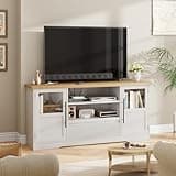 70" TV Stand - Farmhouse Entertainment Center with Wave Design, 2 Glass Door Cabinets + 2 Open Shelves, Media Console for Living Room (Natural/White)