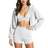 Oplxuo Women Ribbed 3 Piece Tracksuit Set Zip Up Cropped Hooded Jacket V Neck Crop Cami Shorts Soft Casual Workout Outfit