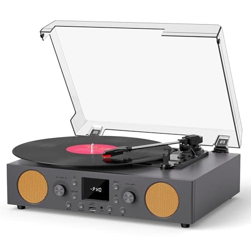 Record Player with Built-in Speakers, Vintage Vinyl Record Player Bluetooth Turntable 3 Speed, with USB Recording, RCA Line Out & AXU-in, FM Radio, Bluetooth Receiving Grey