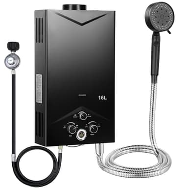 Tankless Water Heater 4.21GPM 16L, Outdoor Portable Gas Hot Water Heater, Instant On Demand Water Heater with Digital Display, Camping Shower for RV Cabin Boat Pet Washing Kit (Black)