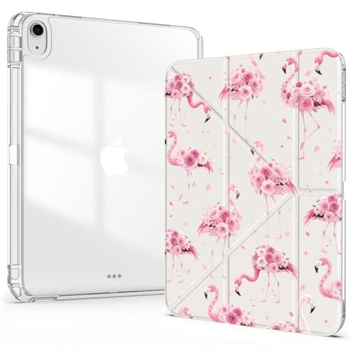 Idocolors Cute Case for 10.9 Inch iPad Air4 (2020)/Air5 (2022), Clear Acrylic Back Case with Pencil Holder, Detachable Mutil Angles Folding Y-Shaped Stand Cover, Rose Flamingo