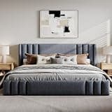 SOFTSEA Queen Size Upholstered Platform Bed Frame, Linen Platform Bed with Vertical Tufted Headboard for Teens, Adults, Modern Low-Profile Floor Bed Frame with Wooden Slats Support, Gray