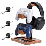Guhiwuk Headset Stand with Dual Controller Holder, Solid Wood Headphone Stand with Storage Base, Gaming Equipment Accessories for Desk, Controller Holder for Gamers