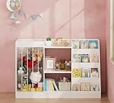 YZFfnte Sturdy 3-Tier Sling Bookcase with Stuffed Animal Storage Bin, 47" Wide Multi-Tier Display Shelf with Anti-Tip Straps, Versatile Organizer for Playroom & Living Space