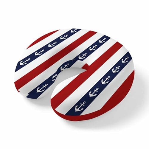 Nautical Anchor Travel Neck Pillow Memory Foam,Hand Neck Support Airplane Pillow for Traveling Bed Car Office Home,Red Navy Blue White Stripe Geometric Flight Pillows with Removable & Washable Cover