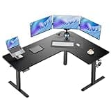 HUANUO 63″ L-Shaped Standing Desk, Built-in Power Outlets, Electric Height Adjustable Corner Computer Desk, Large Power Strip Holder, Sit Stand Up Desk with 3 Preset Heights, Black