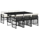 WRJENFSC 7-Piece Garden Dining Set, Black Poly Rattan Outdoor Furniture with 6 Foldable Chairs, Tempered Glass Table and Cream White Cushions for Patio, Backyard, and Terrace