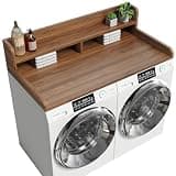 2-Tier Washer Dryer Countertop with 2.75" H Edge Rails, 54" W x 27.55" D Laundry Countertop for Folding Clothes, Washer and Dryer Topper with Non-Slip Pad (Dark Walnut)