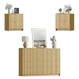 Furniway Modern Natural Oak Bedroom Set, Fluted Wood 8 Drawer Dresser with Elegant Gold Handles and 2 Drawer Nightstands, 3 Piece Storage Furniture