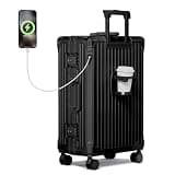 Krute No Zipper Carry On Luggage 20 Inch Suitcase with Wheels PC Aluminum Frame Luggages with Cup Holder and Charger Hard Side TSA Approved Travel Suitcases