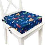 Toddler Booster Seat for Dining Table & Kitchen Chair, Portable Kids Booster Seat Cushion with Adjustable Straps, Non-Slip Washable Pad, Easy to Clean for Home & Travel (Blue-Dinosaur)