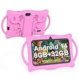 BYANDBY Kids Tablet 7 inch Android 14 Tablet for Kids, 8GB+32GB ROM+1TB Expand Quad-Core Toddler with Shockproof Case, BT, WiFi, Parental Control, Dual Camera, Games (Pink)