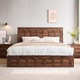 ACCOHOHO Queen Size Bed Frame Modern with 52" Tall Arched Recessed Headboard and 4 Drawers, Solid Wood Slats Support, Wood Platform, Noise Free, No Box Spring Needed, Brown