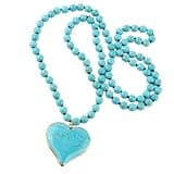 CATHATRR Styles Turquoise Beaded Necklace for Women Large Heart Pendant Choker Vintage Long Sweater Chain Accessories Turquoise Sweater Chain