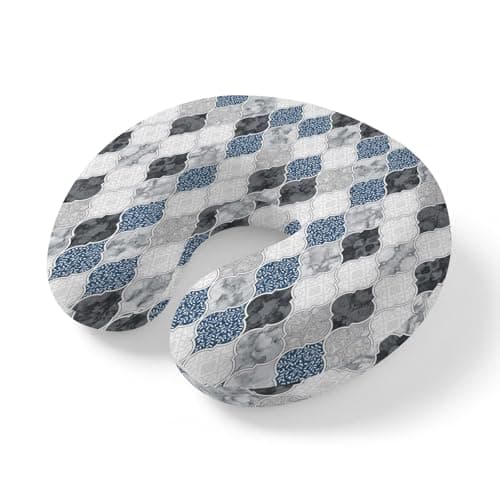 ZRNLTDGHK Neck Pillow Blue Black Gray Moroccan Pattern Travel Pillow Memory Foam U Shaped Pillows, Quatrefoil Medallion Travel Neck Pillows for Airplane Car Office Home Sleeping Rest