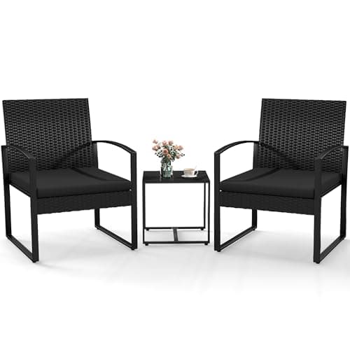 Murago 3 Piece Patio Bistro Set, All-Weather Wicker Outdoor Conversation Set with Coffee Table, Modern Rattan Chair Set with Removable Cushions for Balcony Garden Poolside Yard, Black/Black