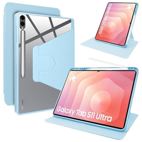 Lemxiee PU Leather Cover for Samsung Galaxy Tab S11 Ultra 14.6" Case with Swivel stand & Pen slot position,PU leather + Transparent Acrylic