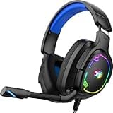 Jimonyer Gaming Headset for PS5 PS4 PC Xbox Series X|S Switch, 7.1 Stereo Surround Sound Over Ear Headphones with Noise Canceling Mic, RGB LED Light, Soft Memory Earmuffs for Gaming or Work (Blue)