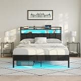 Full Size Bed Frame with Charging Station and LED Lights, Metal Bed Frame with Headboard, Black Upholstered Headboard with 2-Tier Storage Shelves, Noise Free, No Box Spring Needed, Black