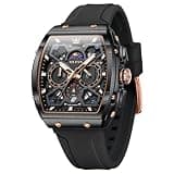 OLEVS Black Watches for Men Luxury Fashion Tonneau Square Large Face Skeleton Mens Watches Rubber Moon Phase Date Waterproof Multifunctional Chronograph Rose Gold Metal Men's Watch Reloj para Hombre