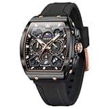 OLEVS Black Watches for Men Luxury Fashion Tonneau Square Large Face Skeleton Mens Watches Rubber Moon Phase Date Waterproof Multifunctional Chronograph Rose Gold Metal Men's Watch Reloj para Hombre