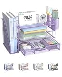 WALI Desk File Organizer, 4 Tier Desktop Paper Letter Tray Organizer with Drawer and 2 Pen Holders, Office Desk Accessories & Workspace Organizers for Office, Home Supplies(DO005DH-V), 1 Pack, Purple