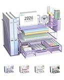 WALI Desk File Organizer, 4 Tier Desktop Paper Letter Tray Organizer with Drawer and 2 Pen Holders, Office Desk Accessories & Workspace Organizers for Office, Home Supplies(DO005DH-V), 1 Pack, Purple