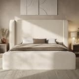 ADORNEVE Cloud Bed Frame Queen with 49.2” Tall Wingback Headboard, Upholstered Platform Bed with 5 Inch Foam Fully Cushioned, Rounded Corners Design, No Box Spring, 15-MinEasy Assembly, Cream