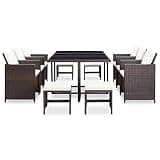 WDSAYREH 11 Piece Patio Dining Set with Cushions, Brown Poly Rattan Outdoor Table and 6 Chairs with 4 Stools