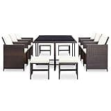 KGHFDVB 11 Piece Outdoor Rattan Dining Set with 16 Cushions, Brown Poly Rattan Patio Table and 6 Chairs with 4 Stools