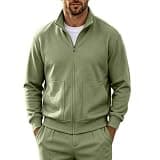 Men's Waffle Knit Zip Up Jacket Stand Collar Long Sleeve Comfy Sweatshirt Casual Fall Winter Outerwear with Pockets Army Green