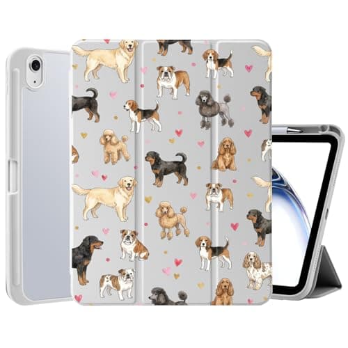 MAYCARI Love Hearts Puppy Dogs Case for iPad A16 11th Generation 11 Inch 2025, iPad 10th Generation 10.9 Inch 2022 Case with Pencil Holder, Cute Design Clear Acrylic Back Cover, Auto Sleep/Wake Shell