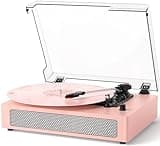 Vinyl Record Player Vintage 3-Speed Wireless Bluetooth Turntable with Belt-Drive, Built-in Stereo Speakers, RCA Output, AUX in, Auto Stop, Pink LP Player