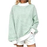 Women Striped Mock Neck Sweatshirt Oversized Long Sleeve Contrast Pullover Trendy Street Fall Winter Comfy Tops Green