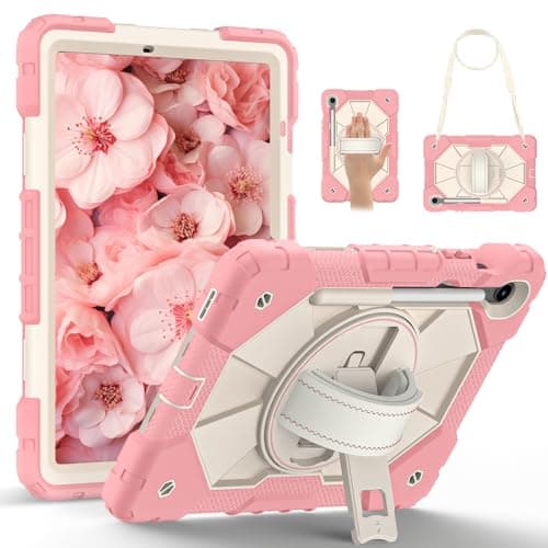 Tablet Case for Samsung Galaxy Tab S10 Lite/ S10 FE/ S9 FE 5G 10.9 Inch/Tab S9 11 Inch Case, Heavy Duty Shockproof Cover with Kickstand & S Pen Holder Cover Shoulder W Hand Strap (Rose Gold)