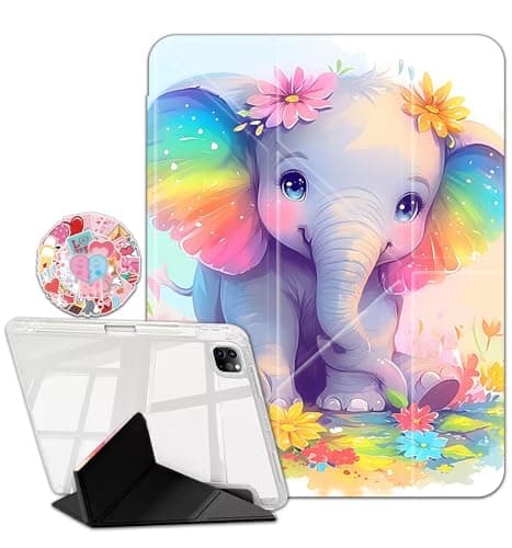 Case for iPad Air 11-inch M3 (2025) / M2 (2024), iPad Air 5th/4th Gen (2022/2020, 10.9"),Clear Back Y-Fold Standing Cover with Pencil Holder Auto Sleep/Wake, Cartoon Baby Elephant with Flowers