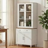 WAMPAT 72" H Tall Bookcase with Glass Doors, Bookshelf with Ample Storage Cabinet, Large Display Book Case with 3-Tier Book Shelves, Library Wooden Bookshelves for Living Room, Office, Kitchen, White