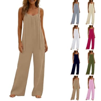 Qaezyco Summer Romper For Women,Linen Jumpsuits For Women Spaghetti Strap Wide Leg Sleeveless Romper With Pockets Summer Casual Flowy Cute Jumpsuit(01_Coffee,X-Large)