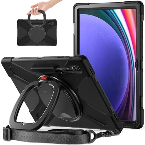 JHUITRES Case for Samsung Galaxy Tab S8 Ultra 14.6 inch (SM-X900/X906),Heavy Duty TPU Shockproof Kids,360 Degree Rotating Multi-Function Grip Bracket+Shoulder Strap Rugged Cover(Black)