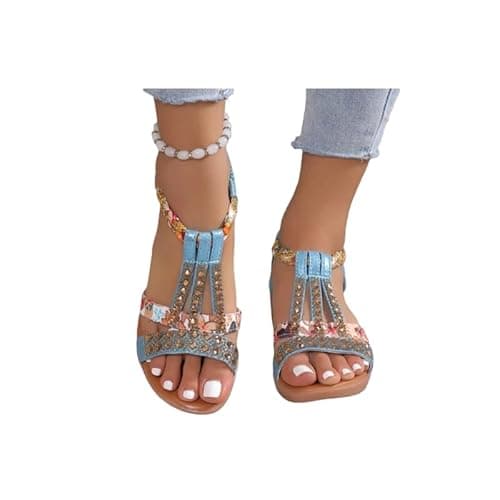 Summer Boho Sandals for Women,Comfortable Ankle Strap Low Wedge Open Toe Sandals Sparkly Rhinestone Bohemia Beach Sandals with Arch Support Women Dressy Wide Width Elegantes Flat Shoes
