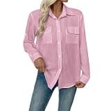 Womens Linen Collared Shirts Button Down Roll Tab Long Sleeve Loose Top Curved Hem Dressy Casual Office Blouses Pink