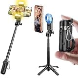 MAGIC JOHN Phone Tripod with 2 Selfie Light, Portable Pocket Size Selfie Stick for iPhone Magsafe, Selfie Stick with Detachable Remote Control for Photograph, Live Streaming, Video Recording