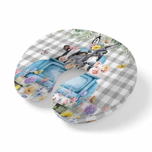 ZFUNCING Travel Pillows U-Shaped Neck Pillow Farm Donkeys Pigs Cows Ergonomic Memory Foam Pillow Head Cushion,Watercolor Flowers Gray Plaid Soft Portable Neck Pillows for Office Airplane Car Train