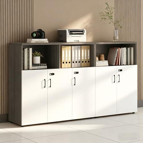 HSHBDDM File Cabinet with Password Lock, Wood Lateral Filing Cabinet for Letter/A4 Files, 3 Drawer with Door, Printer Stand with Open Shelves for Home Office
